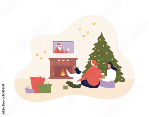 Christmas and new year celebration concept. Vector flat design character illustration. Father, mother with girl watch santa claus movie on tv. Decorated fir tree and gift box on indoor background