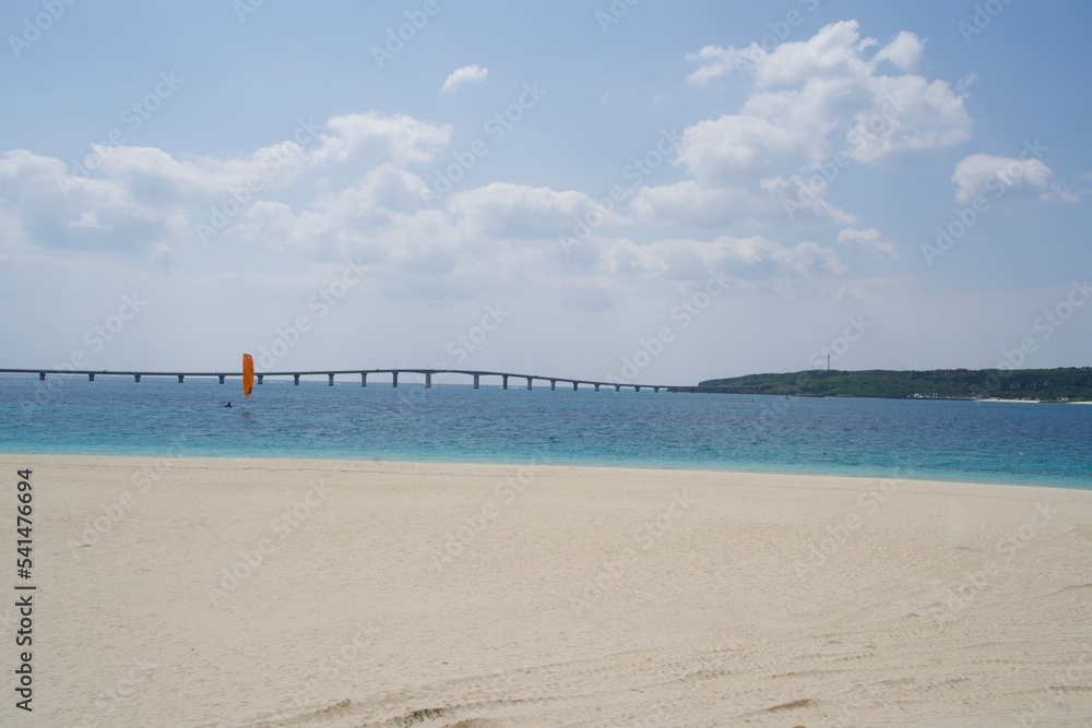 Sandy beach of Yonaha Beach and Kurima Bridge leading to Kurima Island
