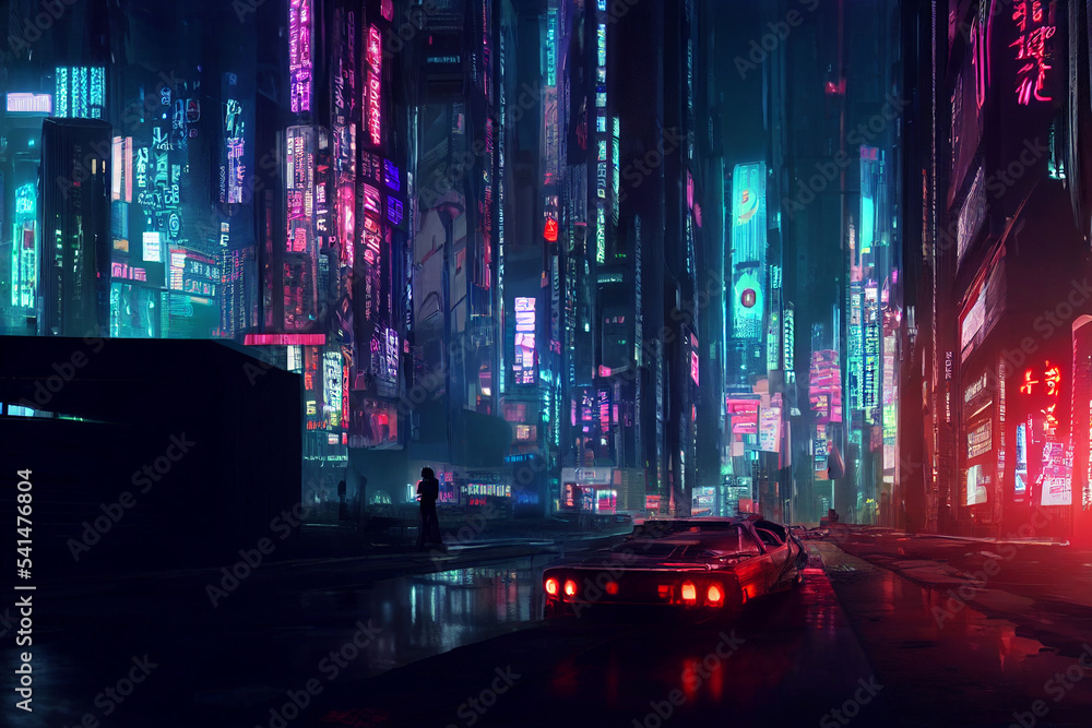 Concept art illustration of cityscape of asian cyberpunk city at night ...