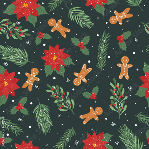 Seamless Christmas pattern with tree branches, gingerbread man, Christmas star. Vector for printing, packaging, wrapping paper