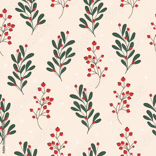 Seamless winter pattern with holly leaves and red berries for greeting cards, wrapping paper. Vector