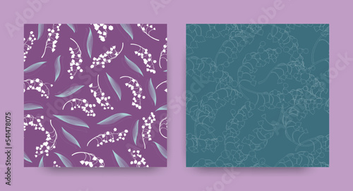 Floral Pattern Set. Seamless Lily of the Valley Texture. Fresh Flower Decoration. Spring Floral Pattern. Vintage Petal Ornament. Bud of Convallaria Majalis. Floral Pattern Set.