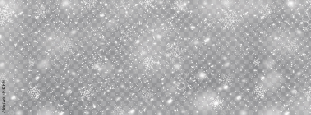 Realistic falling snow or snowflakes. Isolated on transparent background - stock vector.