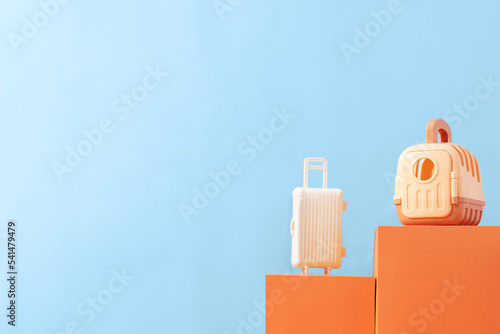 Concept travel or moving with animal, flight, safety, dog friendly, cat case. Plastic cage, pet carrier on blue background. Copyspace (ID: 541479479)