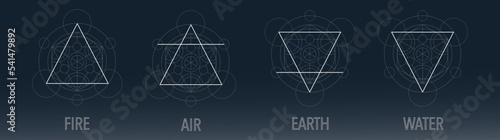 The four elements icons, line, triangle and round symbols set template. Hand drawing occult vector of water, earth, fire, air. Pictograph. Colorful Alchemy symbols isolated on dark background.