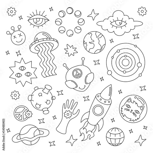 A set of doodle vintage elements. UFO, space, hippie, futurism, retro. Black and white pattern with funny