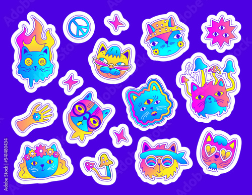 A set of psychedelic stickers. Bright hallucinogenic cats in retro style. Baby stickers with kittens