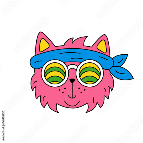 A cat with hippie glasses. A kitten in retro style. Sticker for children, animal logo, icon