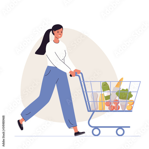 Woman shopping. Girl walking with grocery cart. Shopping in supermarket. Vector illustration