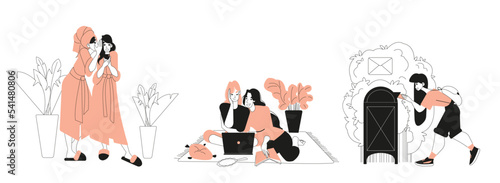 Set of communication between girlfriends. Two girlfriends gossip. The girl stands and throws a letter into the mailbox. The girl sends a letter.