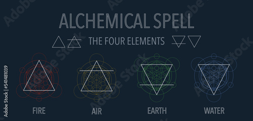 The four elements icons, line, triangle and round symbols set template. Hand drawing occult vector of water, earth, fire, air. Pictograph. Colorful Alchemy symbols isolated on dark background.