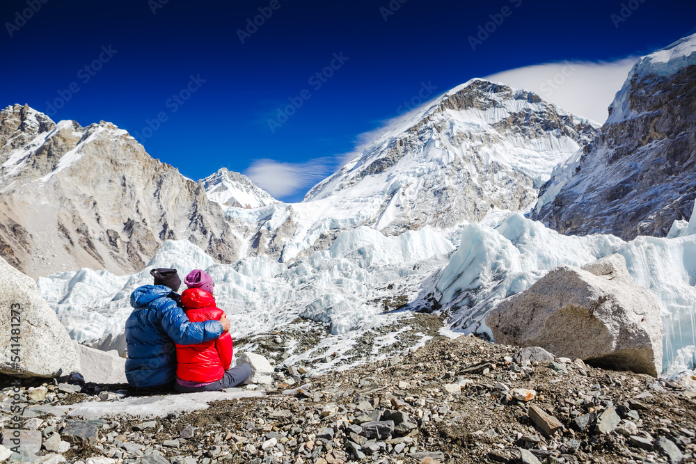 Happy Travelers on Everest base camp trek. Himalayas, Nepal