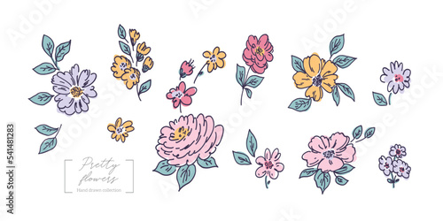 Beautiful vector cute abstract flowers collection in childish style. Simple pretty flowers with leaves. Modern style for creating cards, decor, textile, invitation, posters, packaging