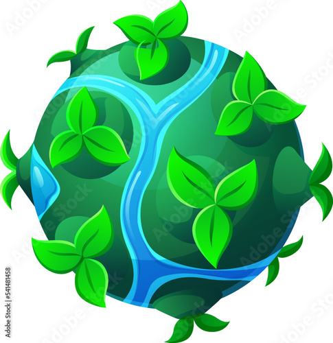 Green blooming planet icon. Cartoon eco space symbol