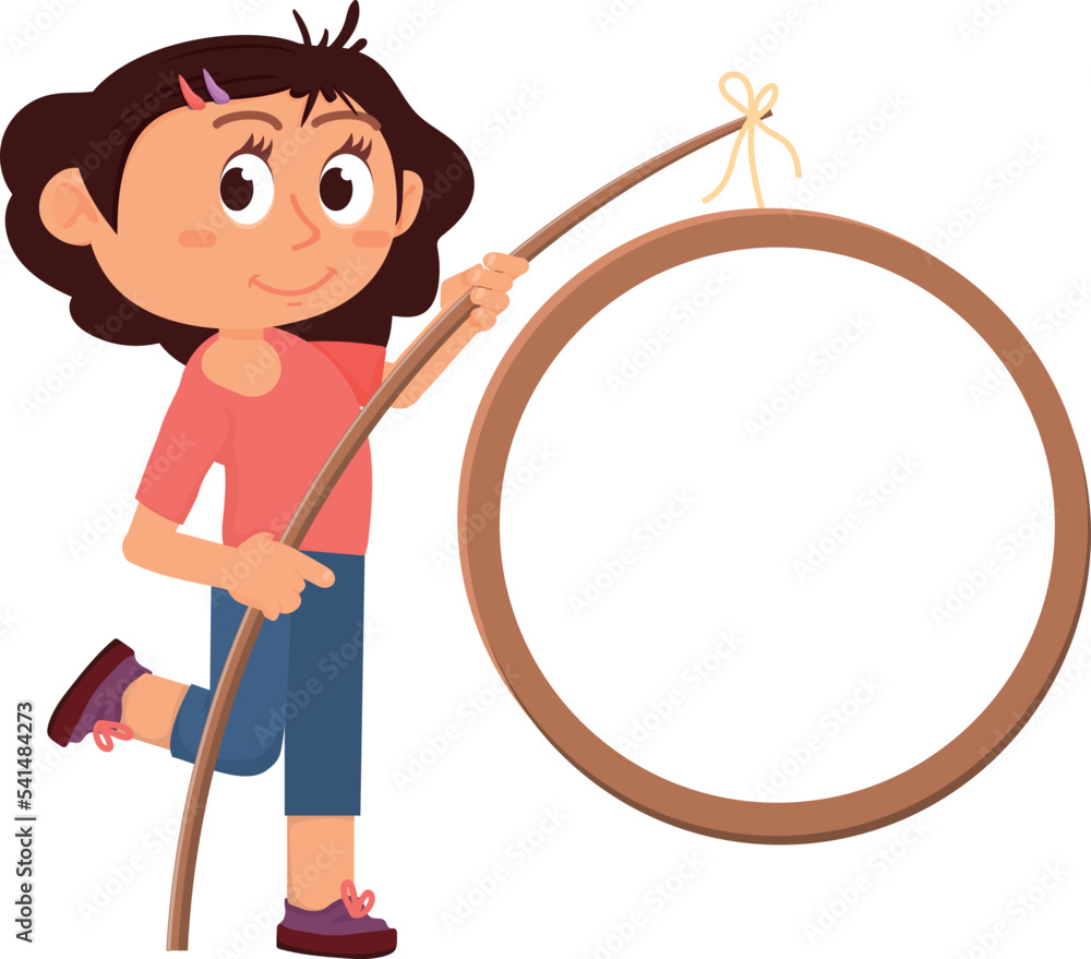 Girl hold round blank banner. Kid with empty board Girl hold round blank banner. Kid with empty board
