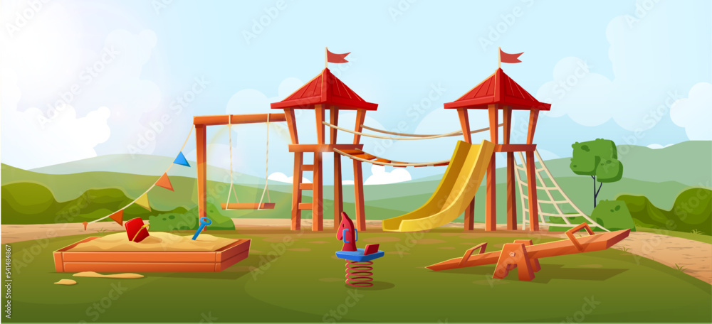 Εκτύπωση καμβά Cartoon style illustarion of kids outdoor playground with swings, slides and sand pit