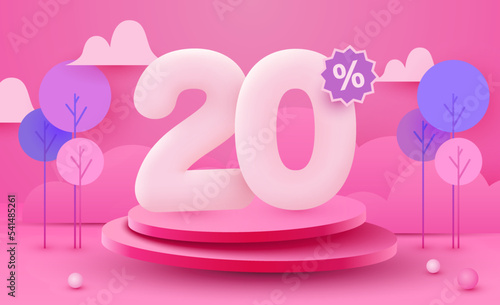 20 percent Off. Discount creative composition. 3d sale symbol with decorative objects and podium. Sale banner and poster.