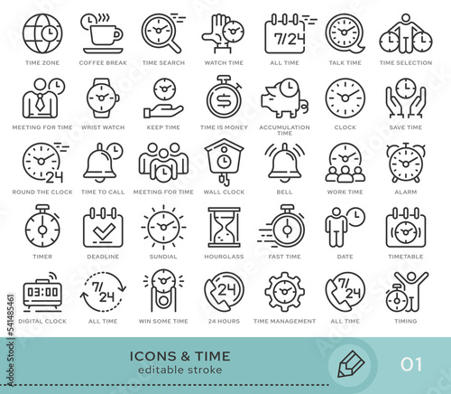 Set of conceptual icons. Vector icons in flat linear style for web sites, applications and other graphic resources. Set from the series - Time. Editable stroke icon.