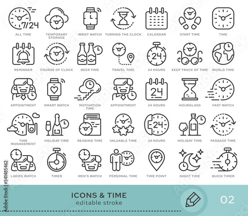 Set of conceptual icons. Vector icons in flat linear style for web sites, applications and other graphic resources. Set from the series - Time. Editable stroke icon.