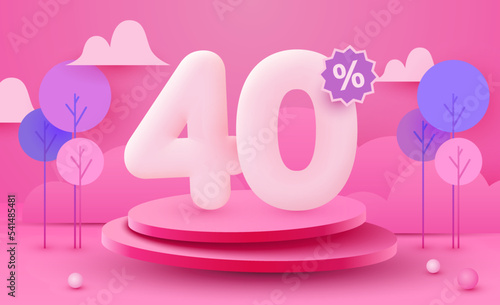 40 percent Off. Discount creative composition. 3d sale symbol with decorative objects and podium. Sale banner and poster.