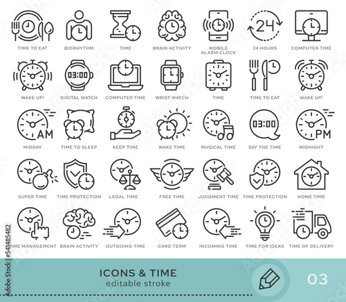 Set of conceptual icons. Vector icons in flat linear style for web sites, applications and other graphic resources. Set from the series - Time. Editable stroke icon.