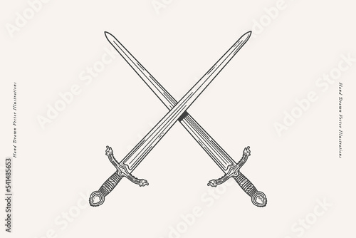 Two crossed knight swords with a long blade in engraving style. Ancient medieval warrior weapons on a light background. Vintage vector illustration.