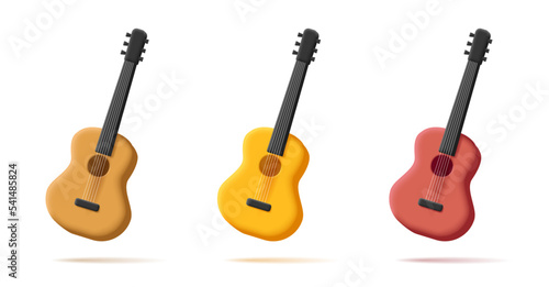 Guitar 3d icon set isolated on white background. Classic guitar wooden in different colors