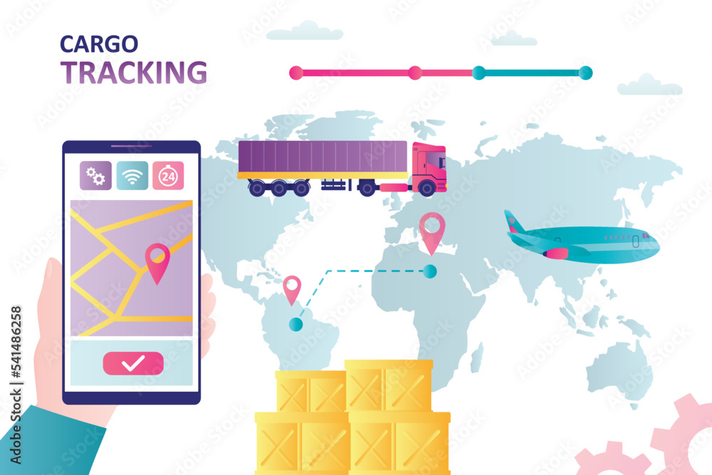 Obraz premium Cargo tracking, businessman holds smartphone and tracks movement of goods on world map. Transportation of goods by air and freight transport. Logistics technology, online tracking application.