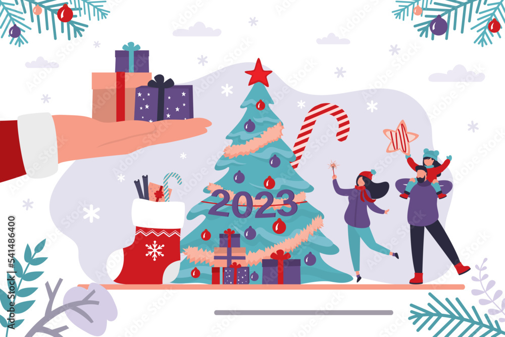 Santa Claus hand gives gifts. 2023 year numbers on traditional xmas tree. Happy family, christmas celebration. New year, winter holidays, horizontal banner. Boxing day,