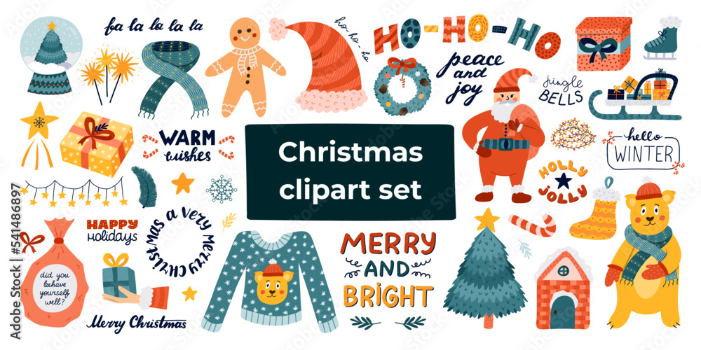 Big clipart and lettering set for Christmas, New Year. Hand drawn isolated vector. Fir tree, Santa Claus, cute bear, winter clothes, holiday sweet, lights, sleigh, gift, bag, gingerbread, snowy house