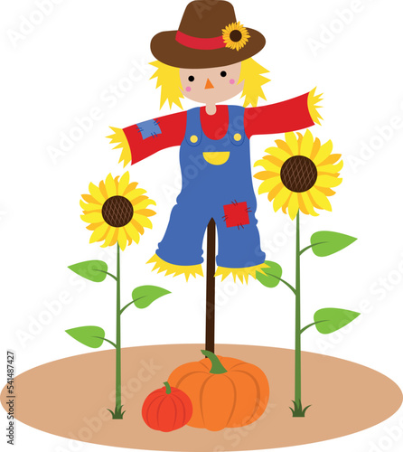 Vector scarecrow in a field of sunflowers with pumpkins