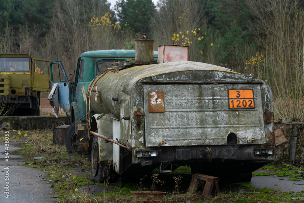 Old rusty tanker truck used by liquidators in chernobyl nuclear disaster zone