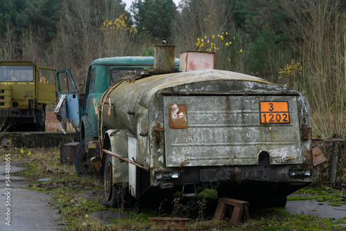 Old rusty tanker truck used by liquidators in chernobyl nuclear disaster zone