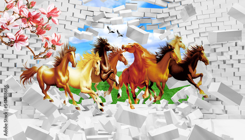 Foto 3d wallpaper colorful horses coming out of a broken wall landscape