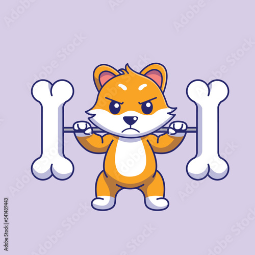 Funny shiba inu Lifting bone Barbell Cartoon Vector Icon Illustration Science Sport Icon Concept Isolated Premium Vector. Flat Cartoon Style