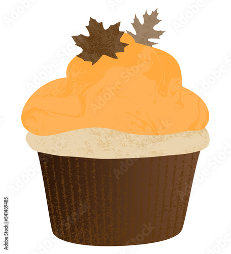 A fall cupcake with leaf detail, in a cut paper style with textures
