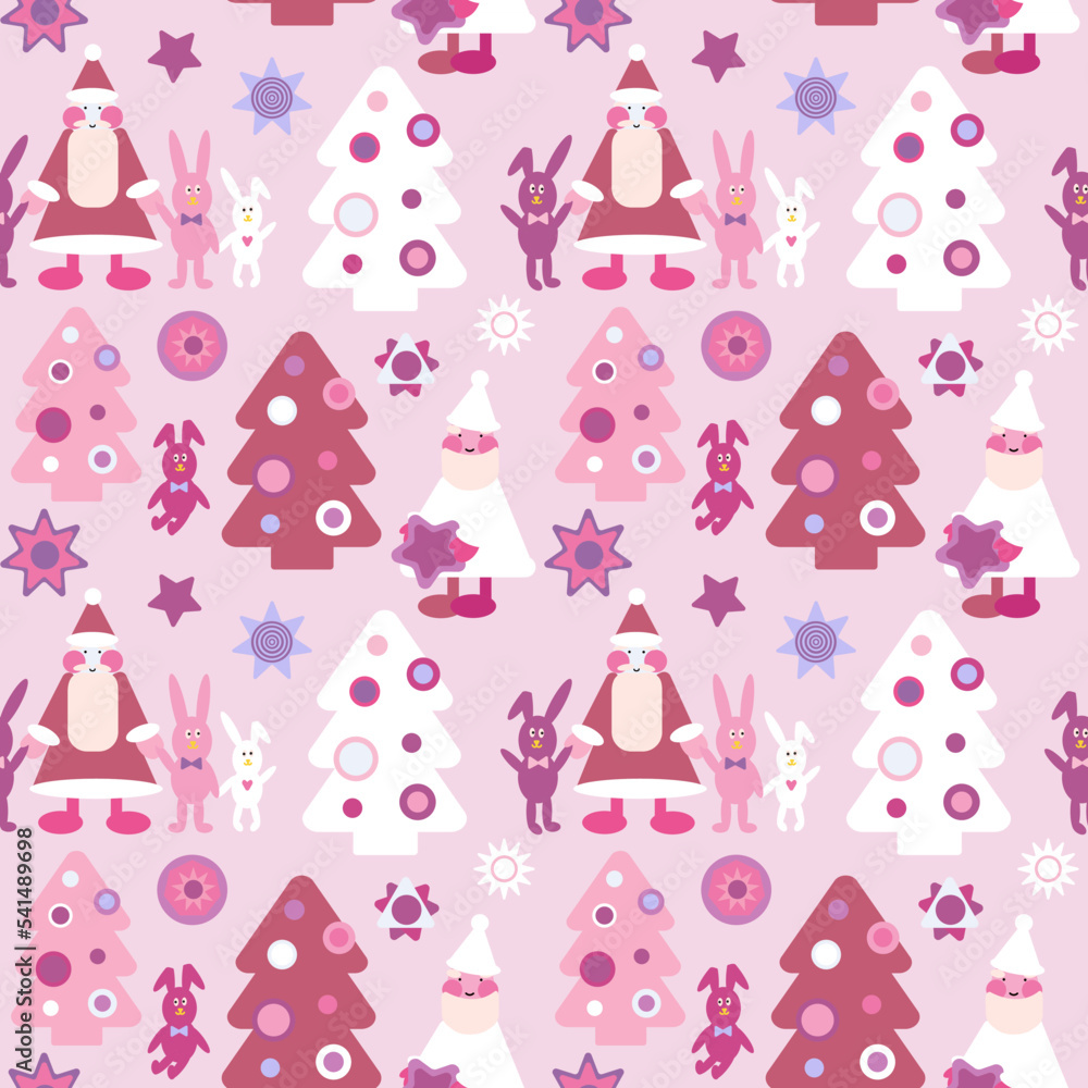 New Year seamless pattern in red colours. Christmas tree, Santa Claus, rabbit and stars. New Year seamless pattern in red colours. Christmas tree, Santa Claus, rabbit and stars.
