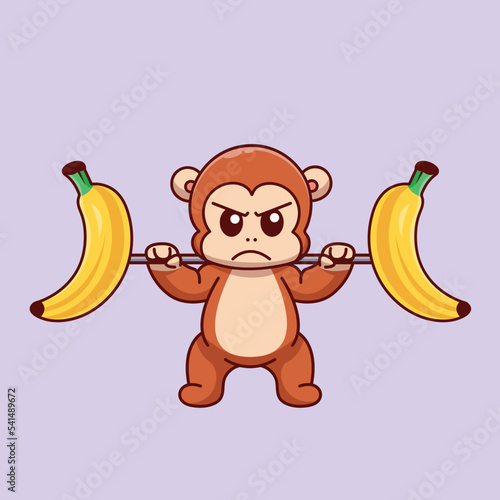 Cute monkey Lifting banana Barbell Cartoon Vector Icon Illustration Science Sport Icon Concept Isolated Premium Vector. Flat Cartoon Style