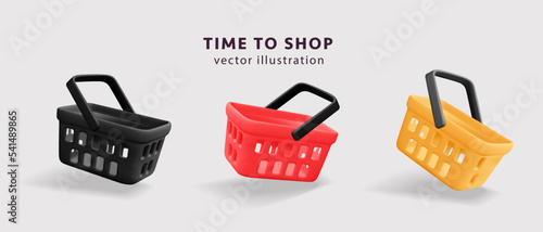 Fotografia 3d vector collection of red, black and yellow plastic shopping basket mockup for black friday, digital promotion, sale advertisement design
