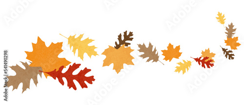 A swirl of autumn leaves in a cut paper style with textures
