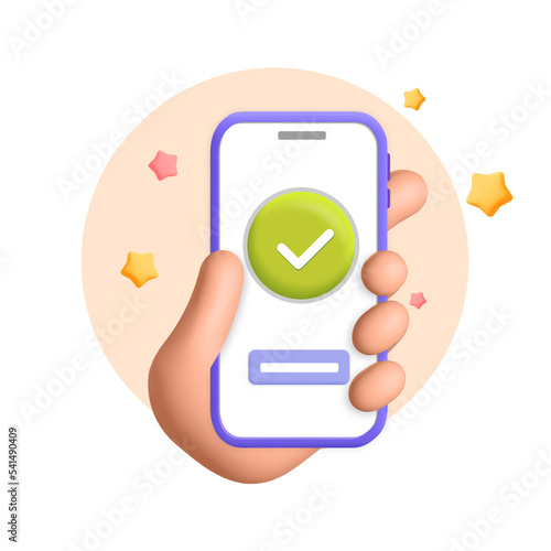 Female realistic render Hand holds smartphone with green check mark on mobile application 3d vector design illustration. Online shopping concept. Successful business plan tasks. To do list, time 