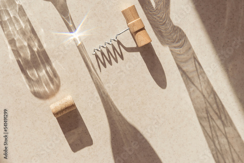 Wallpaper Mural Creative composition made of corkscrew and cork of wine on pastel background with sunlit and shadow. Date, party and celebration concept. Top view. Torontodigital.ca