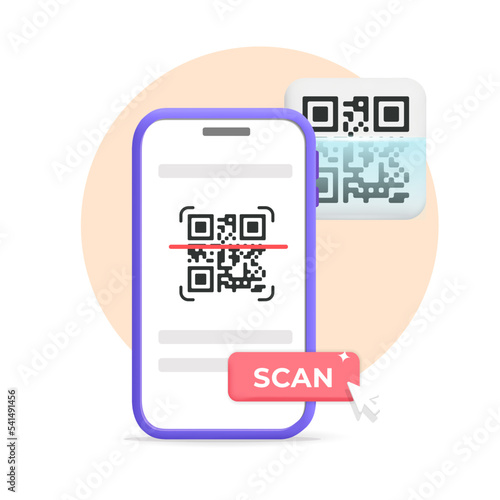 3d vector smartphone mobile app service for qr code purchase scan and online payment banner design. Technology, marketing, advertisement, promotion and business concept. 