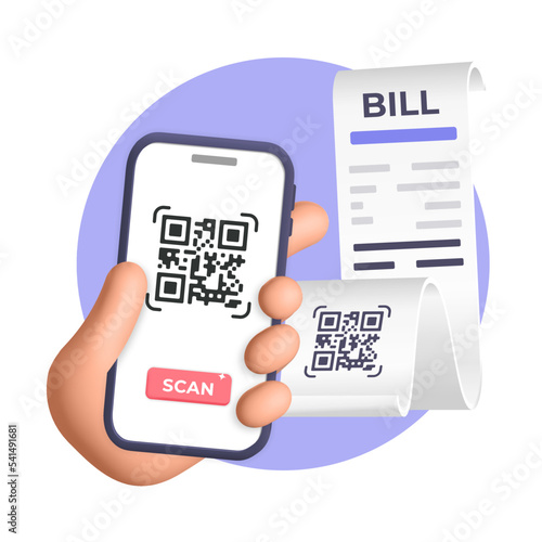 3d vector human hand scans QR code from paper bill invoice with mobile app on smartphone poster design