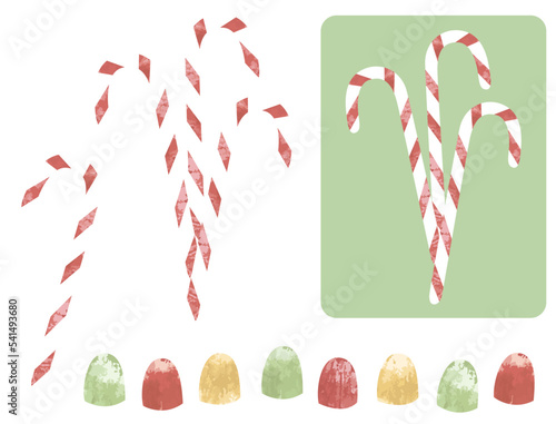 Candy canes and gumdrops, in a cut paper style with textures
