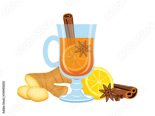 Winter spiced hot mulled drink still life icon vector. Hot healthy drink with ginger, lemon, cinnamon, star anise and clove vector. Glass of mulled wine icon isolated on a white background
