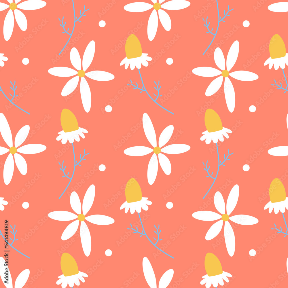 White daisy flower seamless vector pattern. Floral pattern with small white flowers on coral background. Repeating texture for fashion prints. Chamomile print. Trendy floral pattern