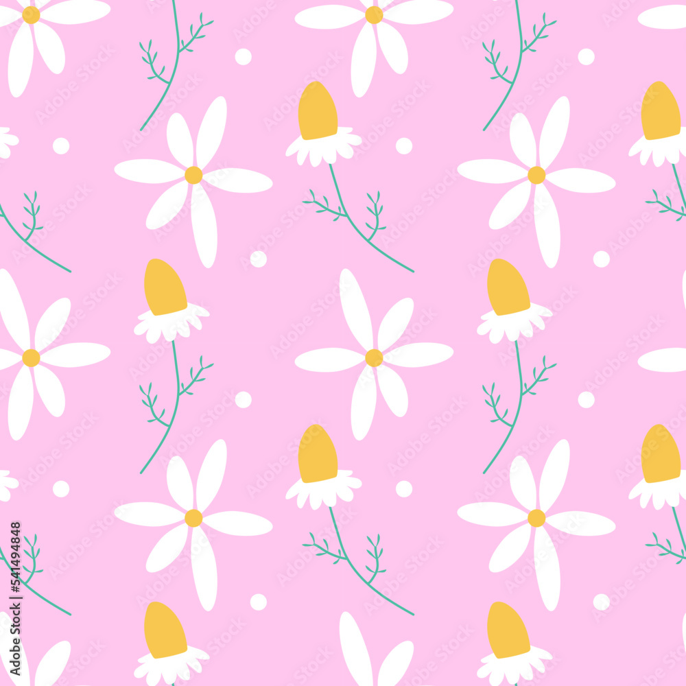 White pink daisy flower seamless vector pattern. Floral pattern with small white flowers on pink background. Repeating texture for all prints. Chamomile print. Trendy floral pattern