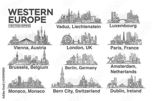 All capitals of Western Europe. Cities in a linear style with famous views and landmarks. Editable stroke. Skyline city line illustrations.