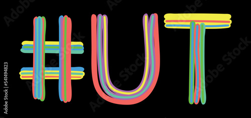 UT Hashtag. Multicolored bright isolate curves doodle letters like from marker, oil paint. #UT is abbreviation for the USA state Utah for social network, web resources, mobile apps.
